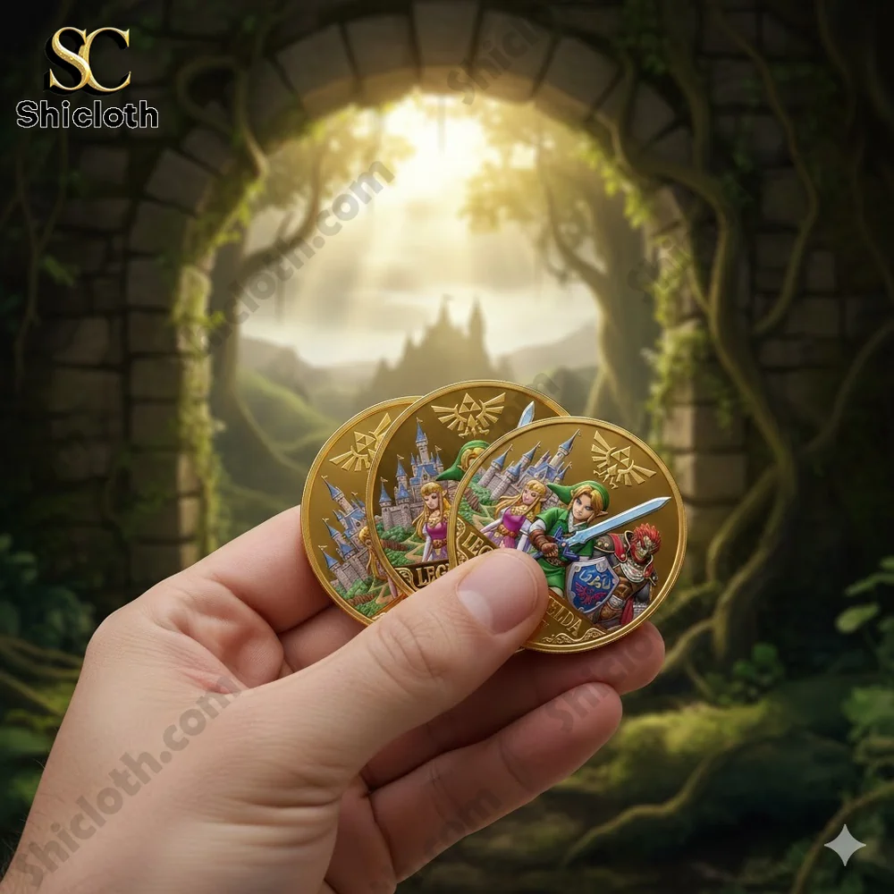Hand holding three Zelda gold coins in a forest archway!