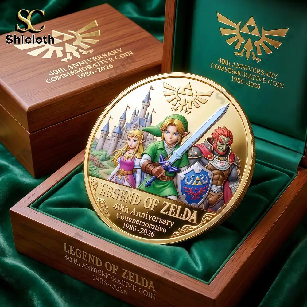 Zelda commemorative gold coin displayed in a wooden case!