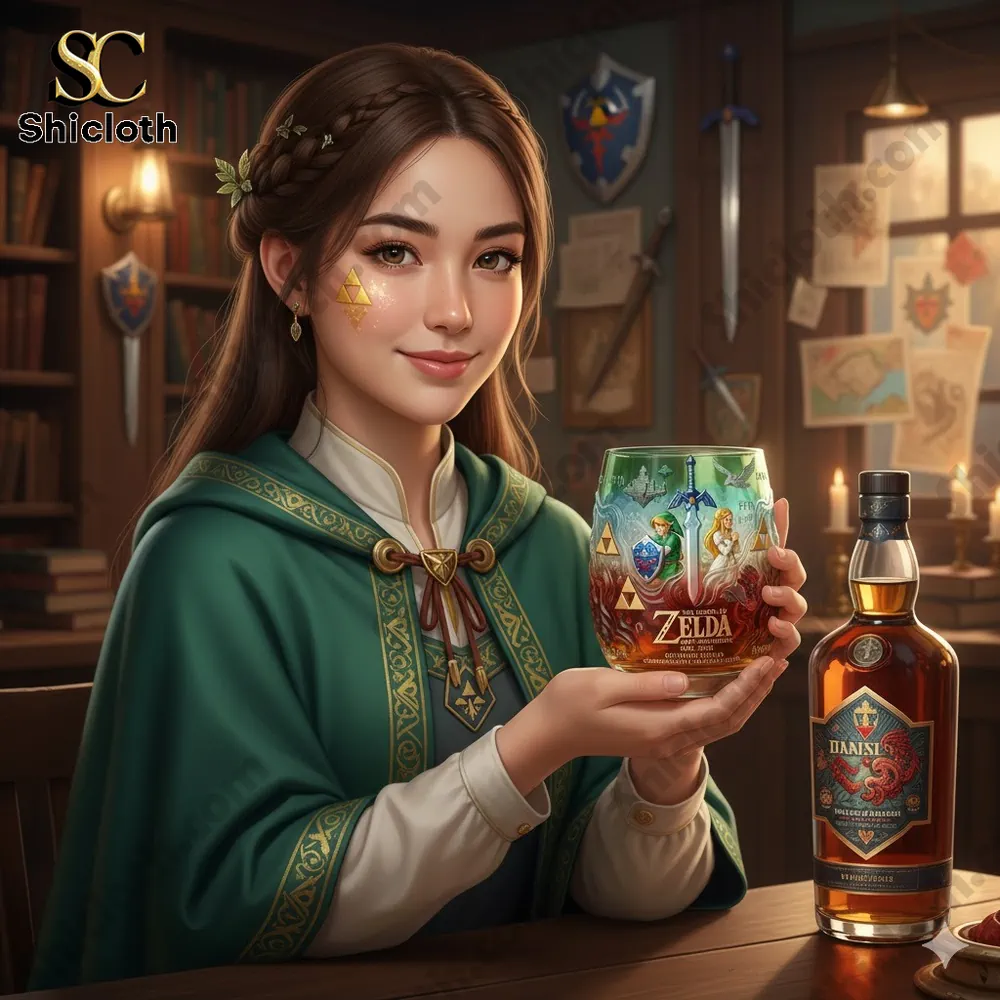 Fantasy inspired woman holding a Zelda themed glass in a cozy tavern setting!
