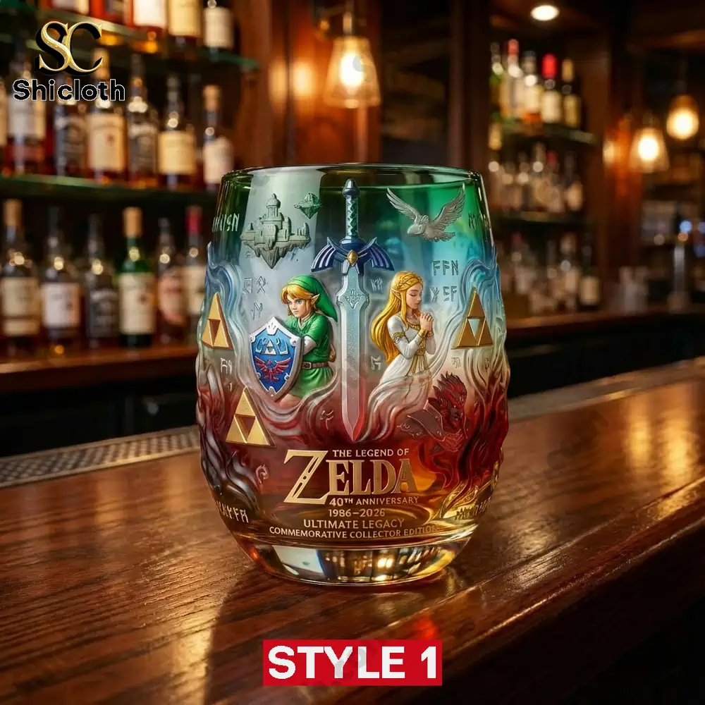 Zelda themed collectible glass displayed on a wooden bar counter!