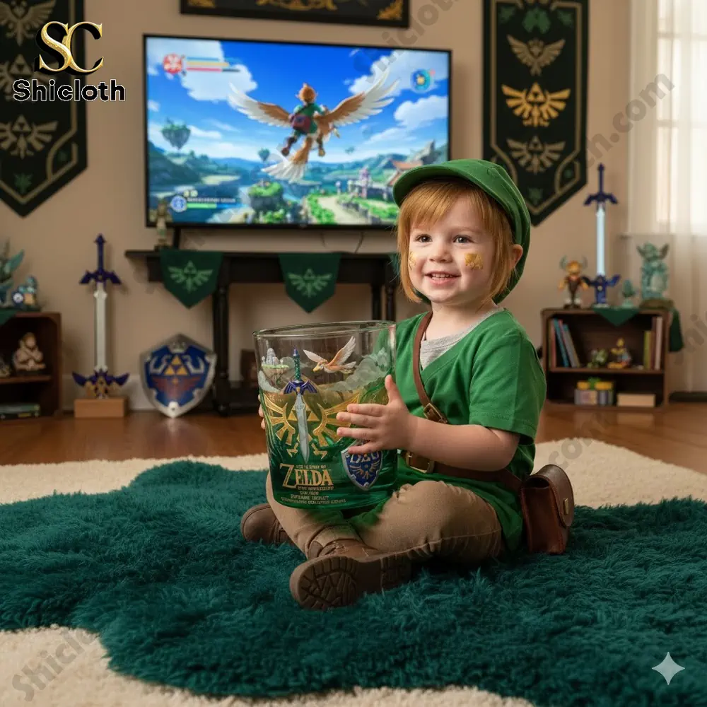 Child wearing green Link costume holding a Zelda themed collectible glass!