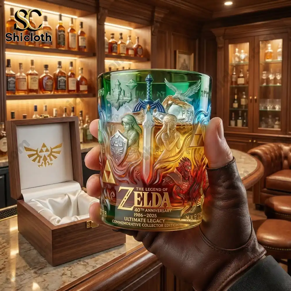 Hand holding a Zelda themed collectible glass in a luxury bar setting!
