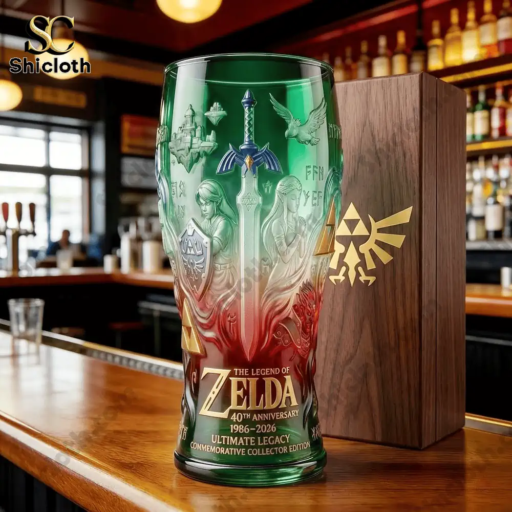 Zelda commemorative glass displayed on wooden bar counter!