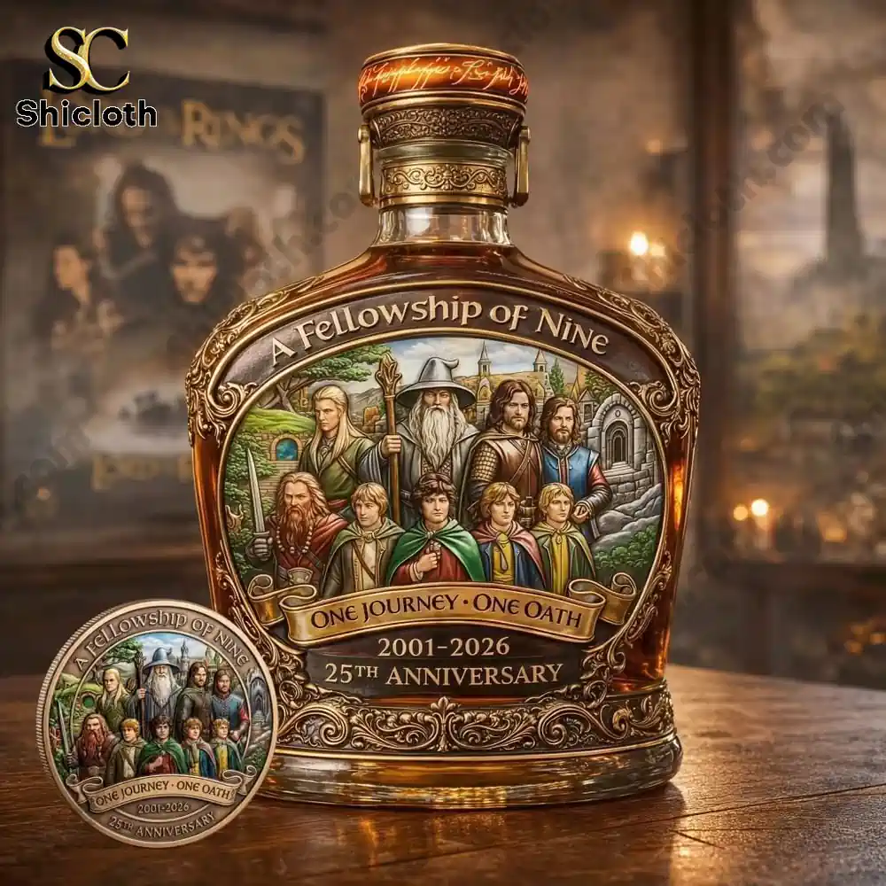 Close up of Shicloth Fellowship of Nine whiskey bottle with detailed artwork!