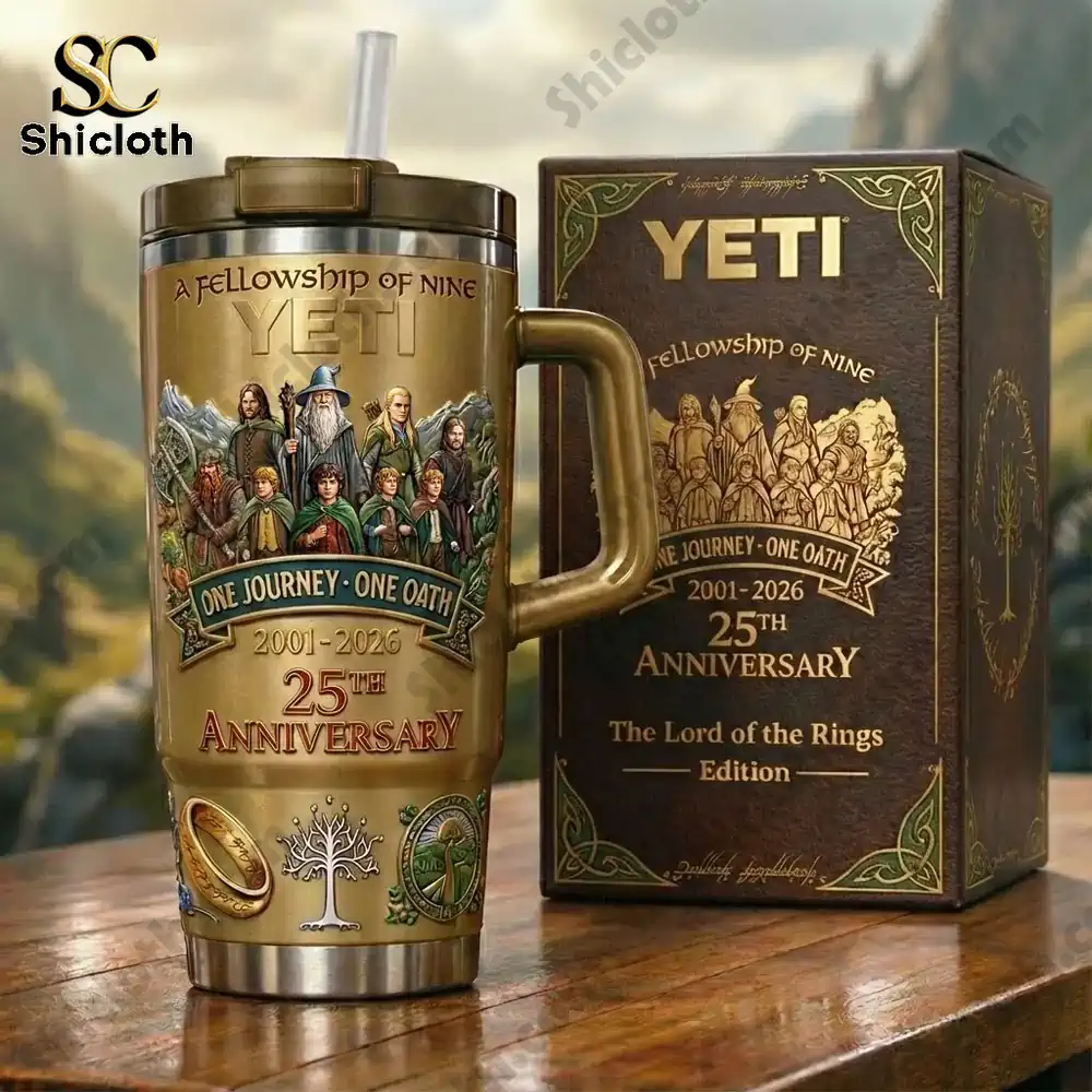 Yeti Lord of the Rings anniversary travel mug with box on wooden table!