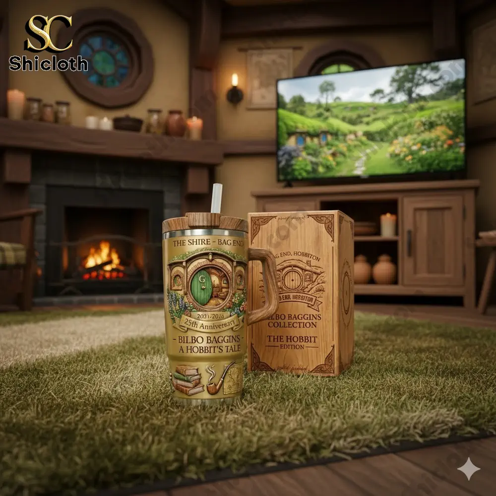 Hobbit themed insulated mug in a cozy living room!