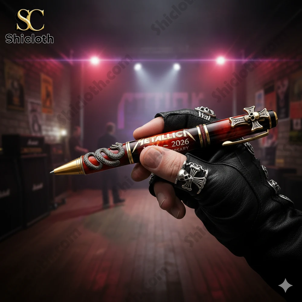 Hand holding a Metallica anniversary pen on a rock concert stage!