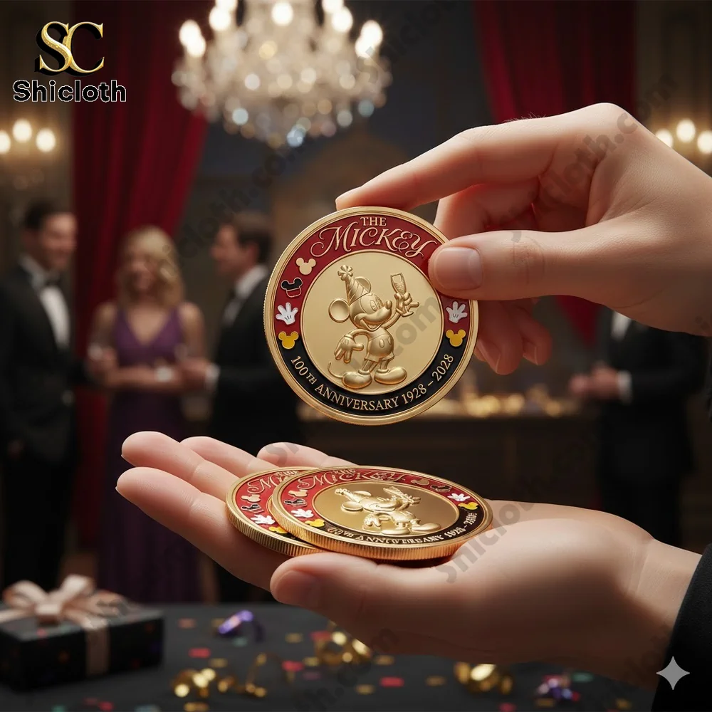 Gold Mickey anniversary coin being handed at an elegant celebration!
