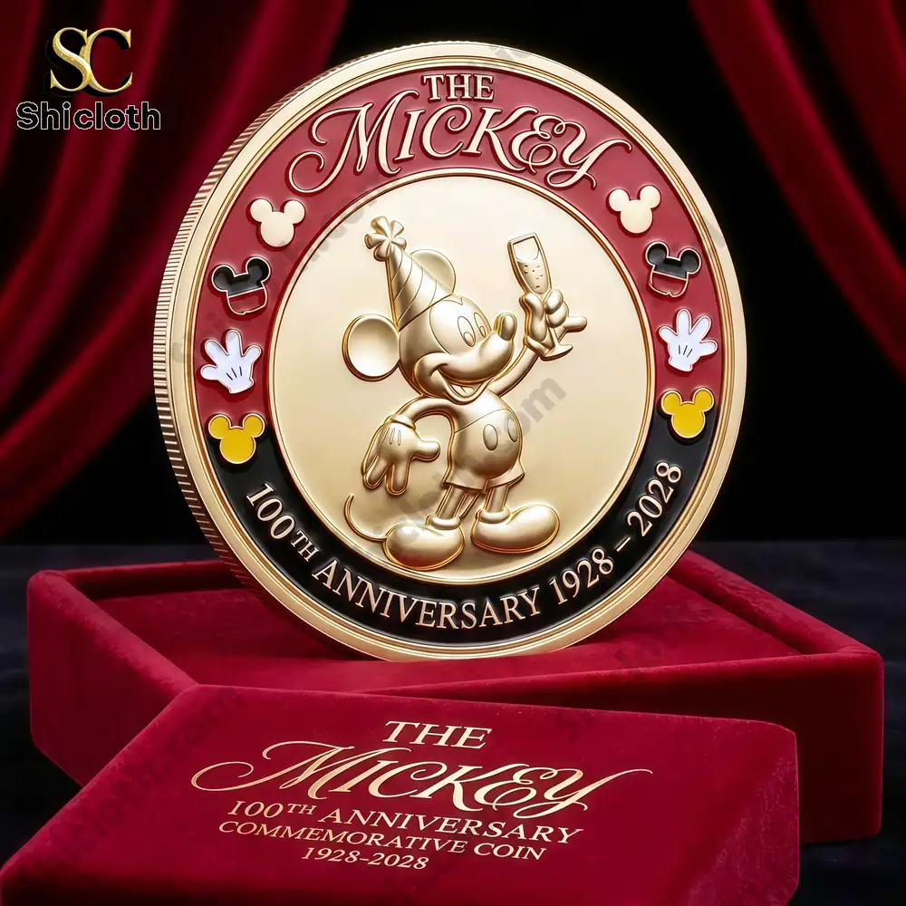 Gold Mickey anniversary coin displayed in a red velvet box!