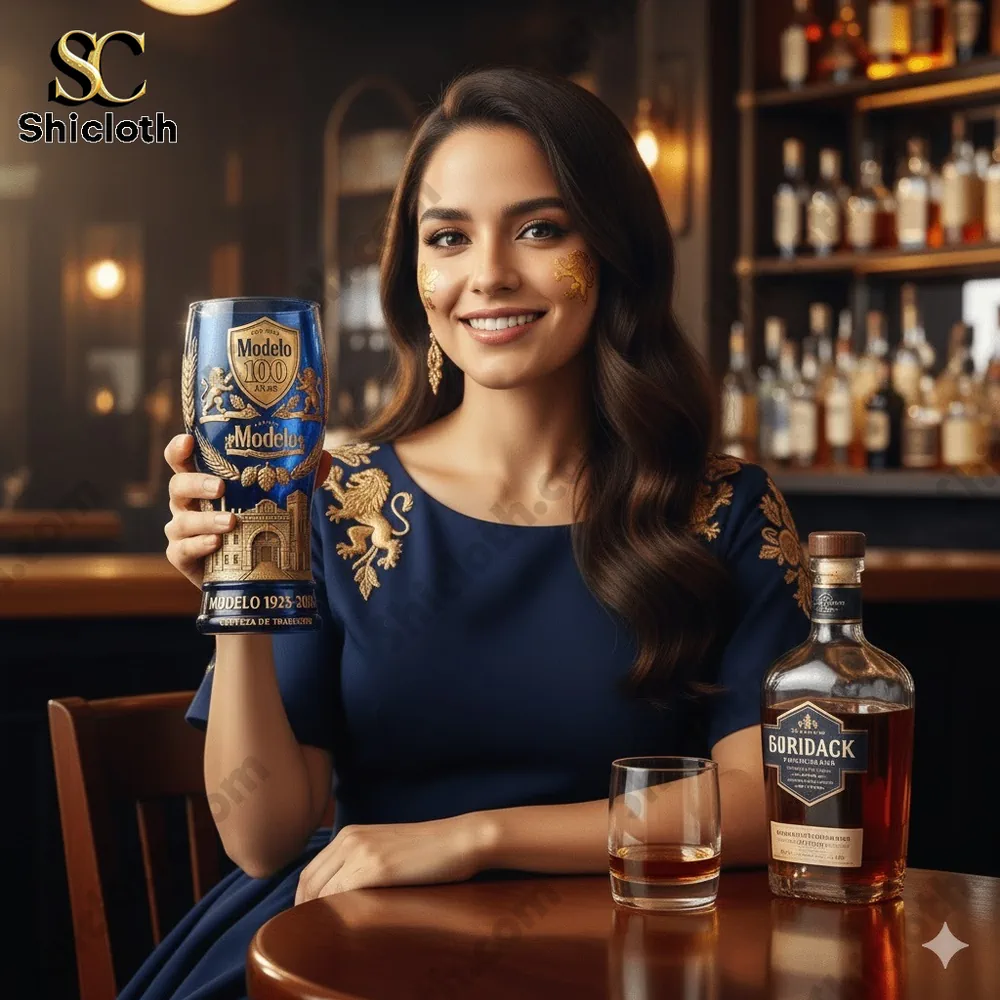 Woman holding a blue Modelo anniversary cup inside a warm bar setting!
