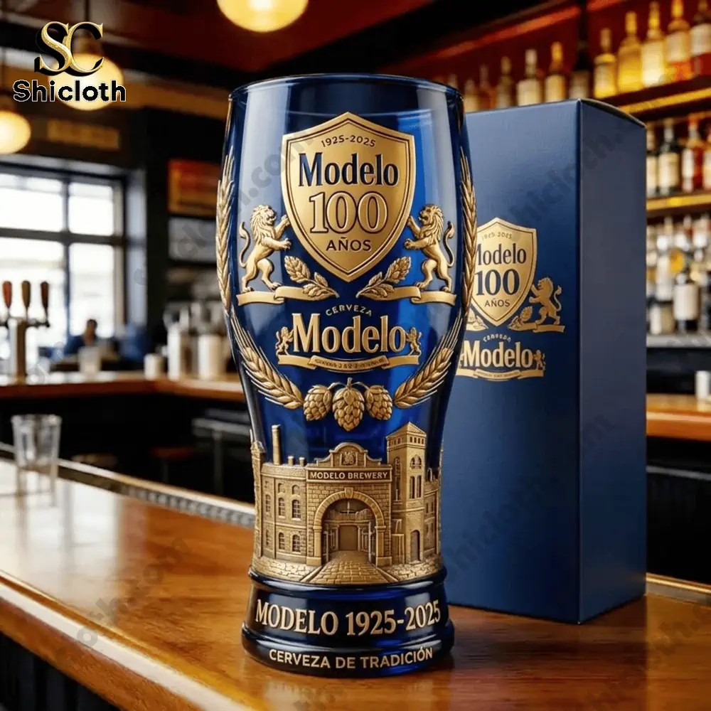 Blue Modelo anniversary cup with box on a wooden bar counter!