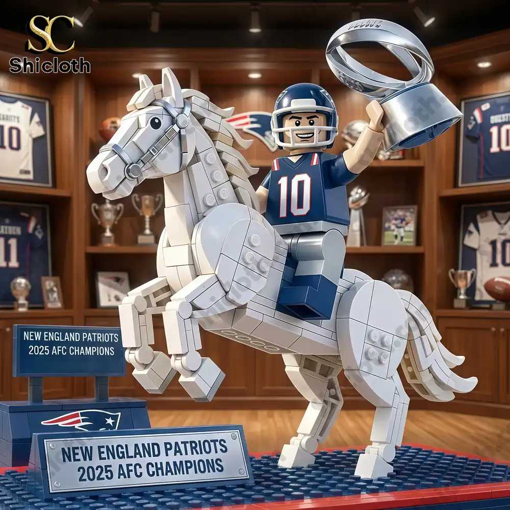 Brick built football champion statue on a display base with championship sign.