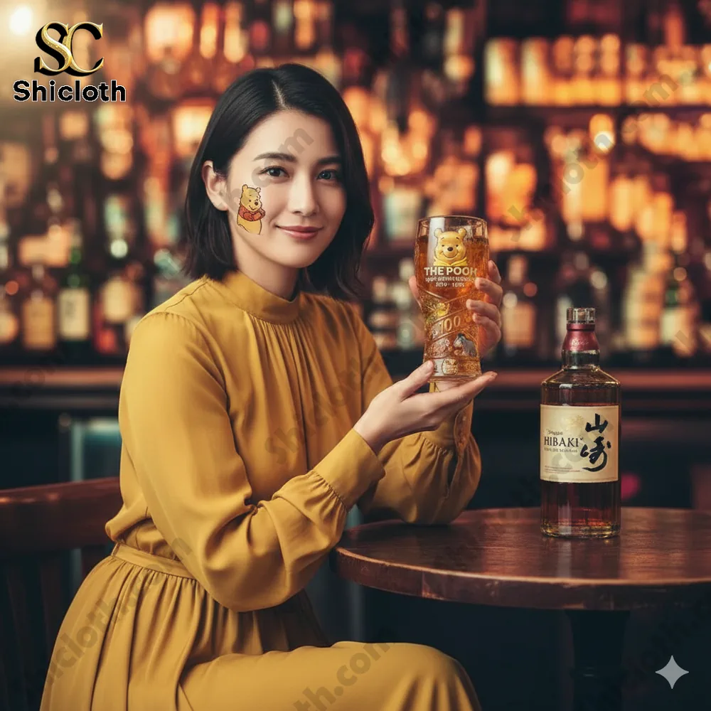 Woman holding Pooh anniversary beer glass at bar table!