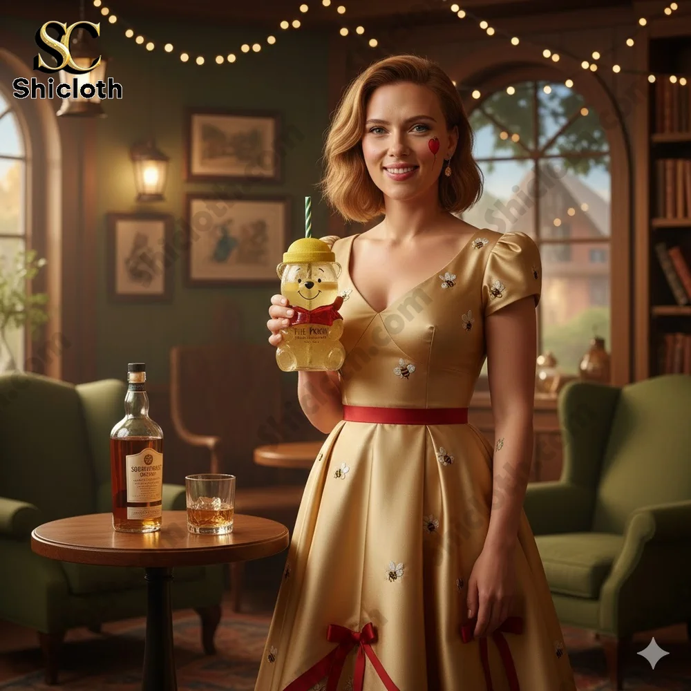 Woman holding a Pooh bear shaped drink cup in a cozy vintage living room setting!