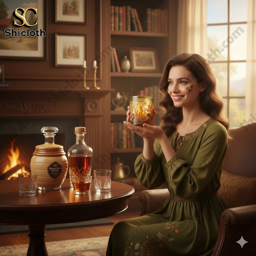 Woman holding The Pooh mug in a cozy vintage living room scene!