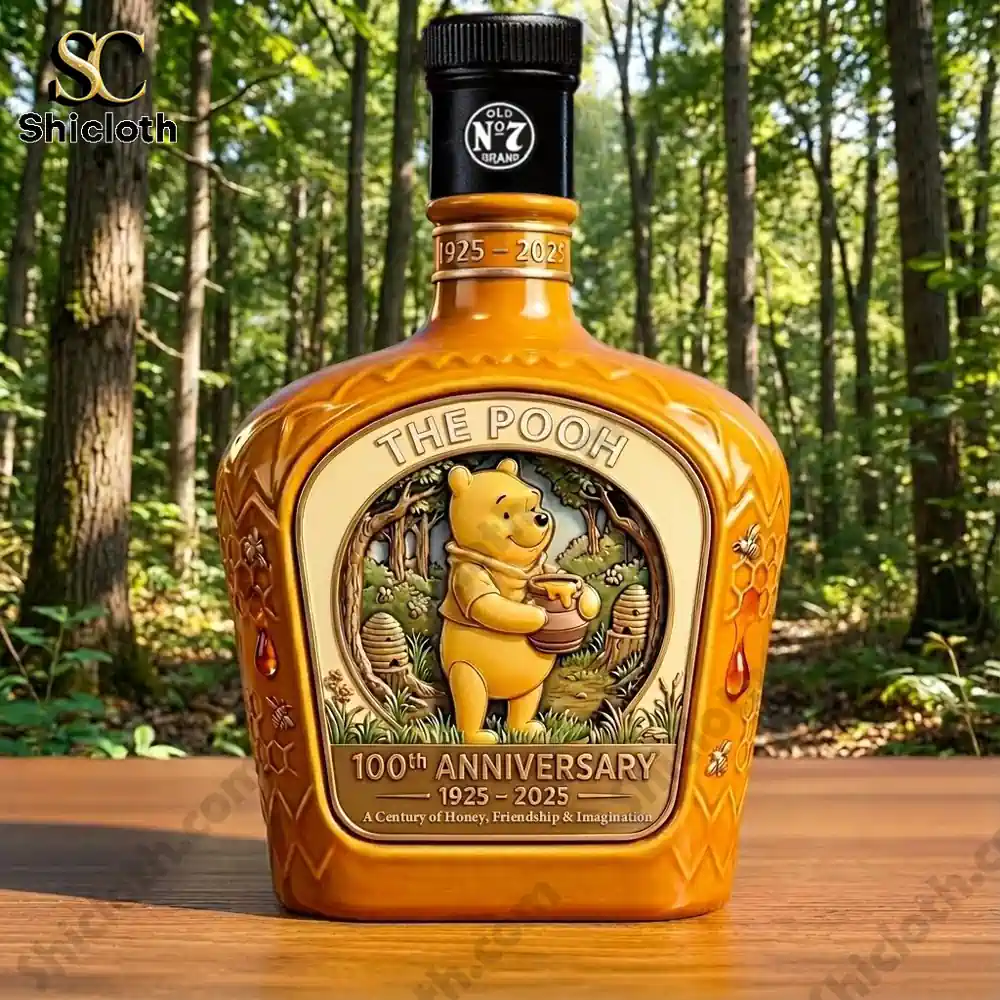 Pooh anniversary bottle on wooden table in forest!