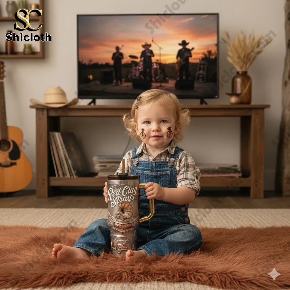 Toddler sitting on a rug holding a Shicloth Red Clay Strays music themed tumbler!