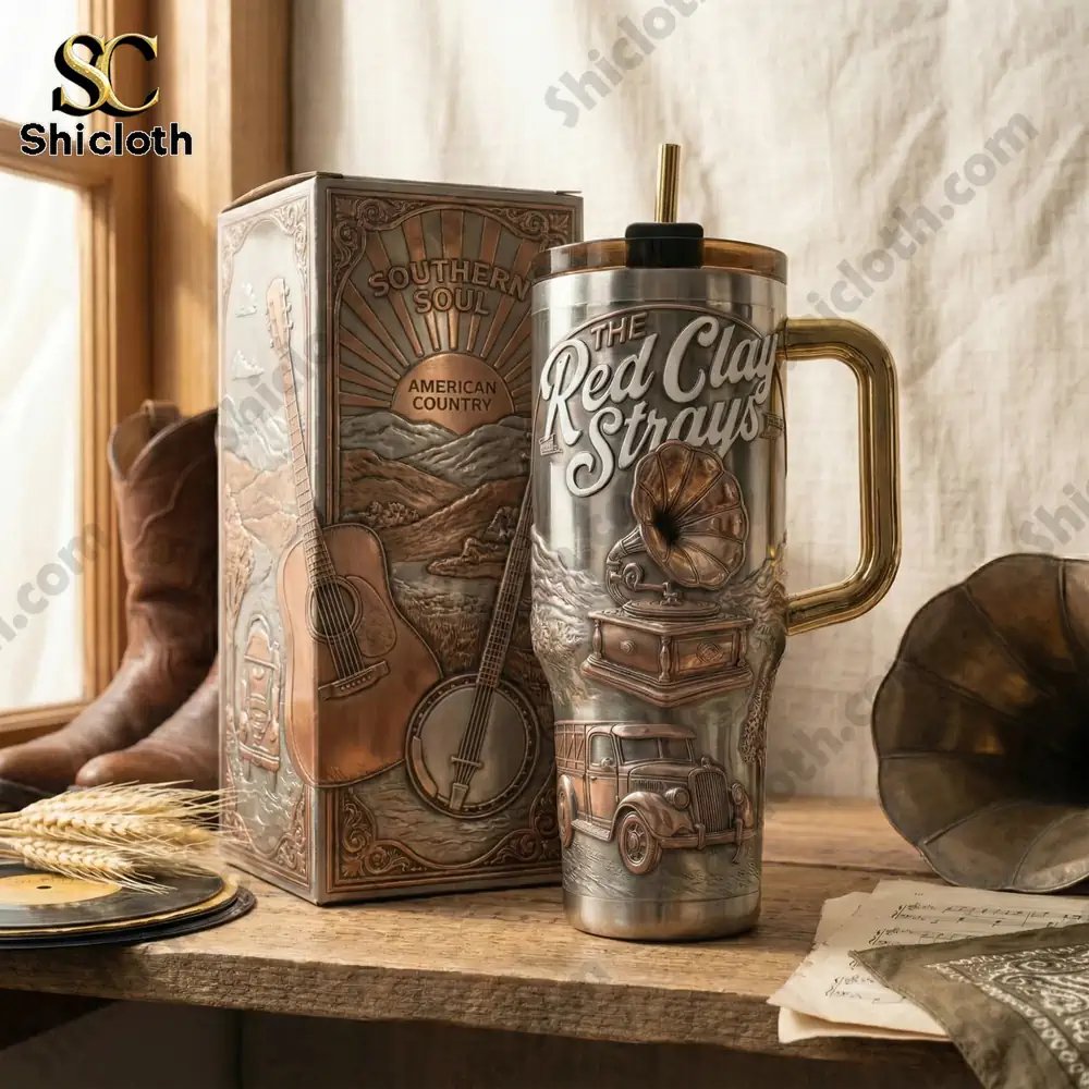 Shicloth Red Clay Strays tumbler displayed beside its music themed collector box!