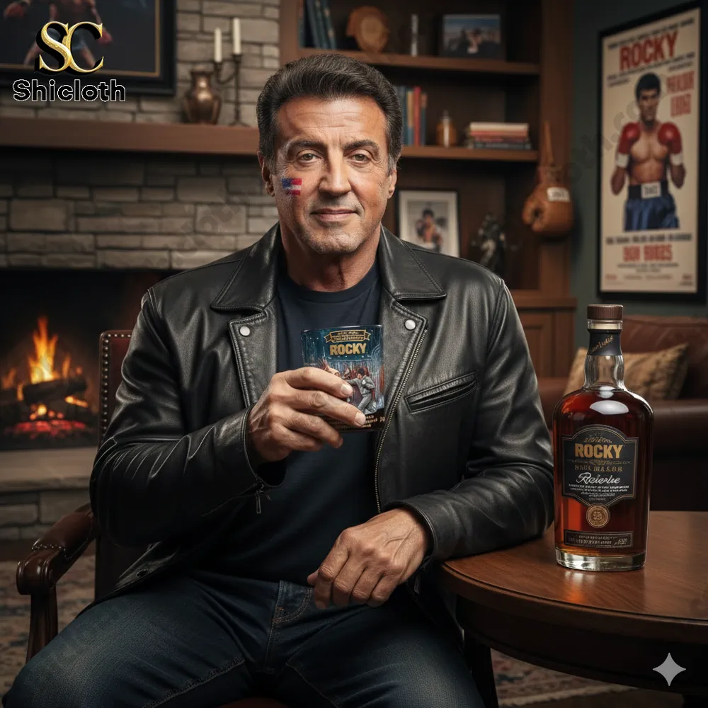 Man holding a Rocky themed whiskey glass in a cozy vintage room!