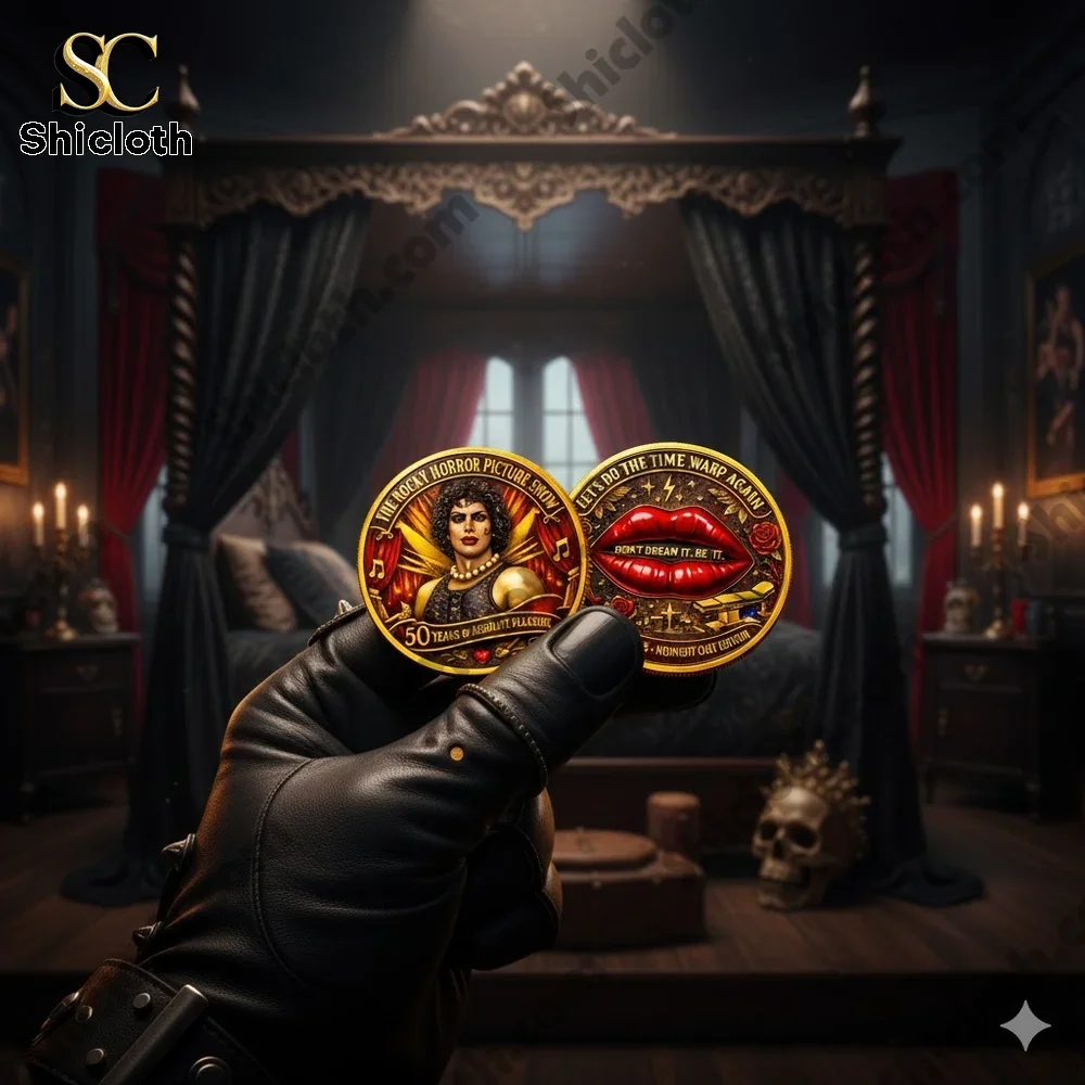 Gothic style commemorative coin inspired by classic horror musical held in a dark elegant room!