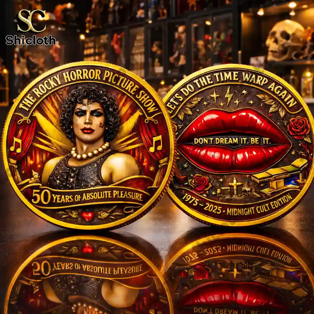 Two sided gothic horror musical commemorative coin on clean white background!