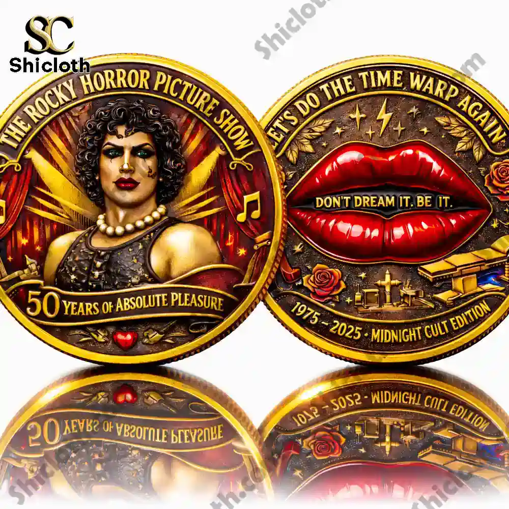The Rocky Horror Picture Show 50th Anniversary Collector's Coin 3 Close view of two sided horror musical commemorative coin with detailed artwork!