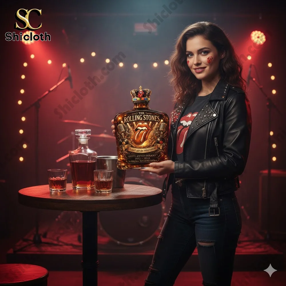 Woman presenting Rolling Stones whiskey bottle on stage
