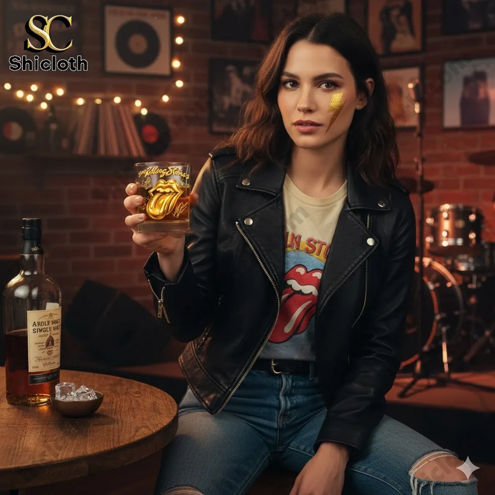 Woman holding Rolling Stones whiskey glass in music studio setting!