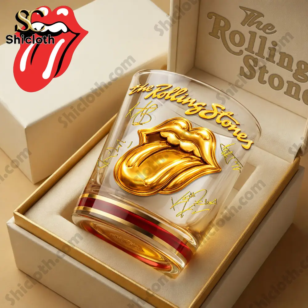 Rolling Stones gold tongue whiskey glass in gift box!