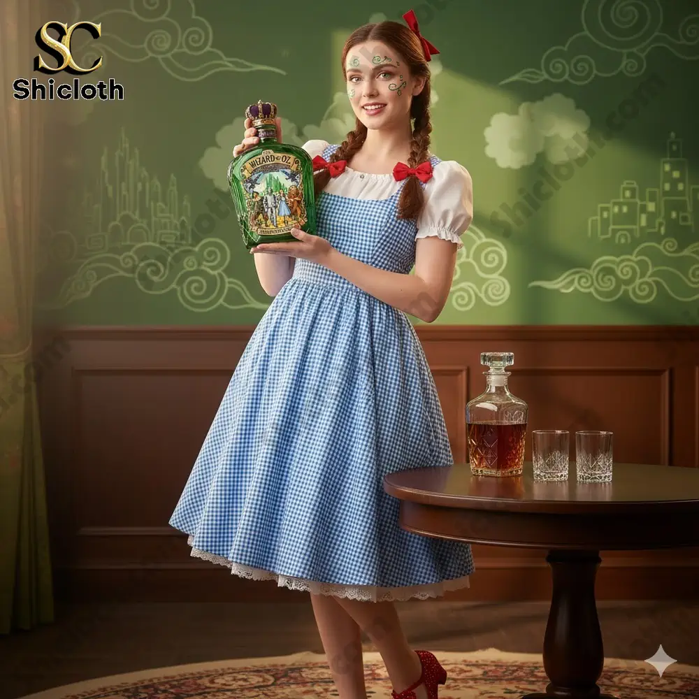 Woman in blue dress holding Wizard of Oz themed green bottle by Shicloth!