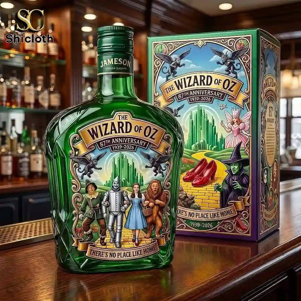 Green Wizard of Oz themed bottle and decorative box on wooden bar!
