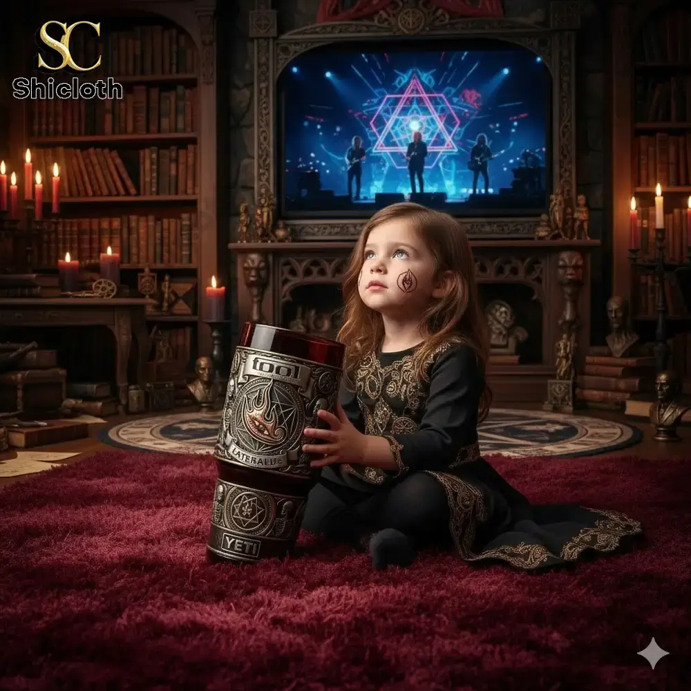 System Of A Down 2026 40oz Tumbler 48 Child holding ornate Tool Lateralus Yeti tumbler in mystical library room!