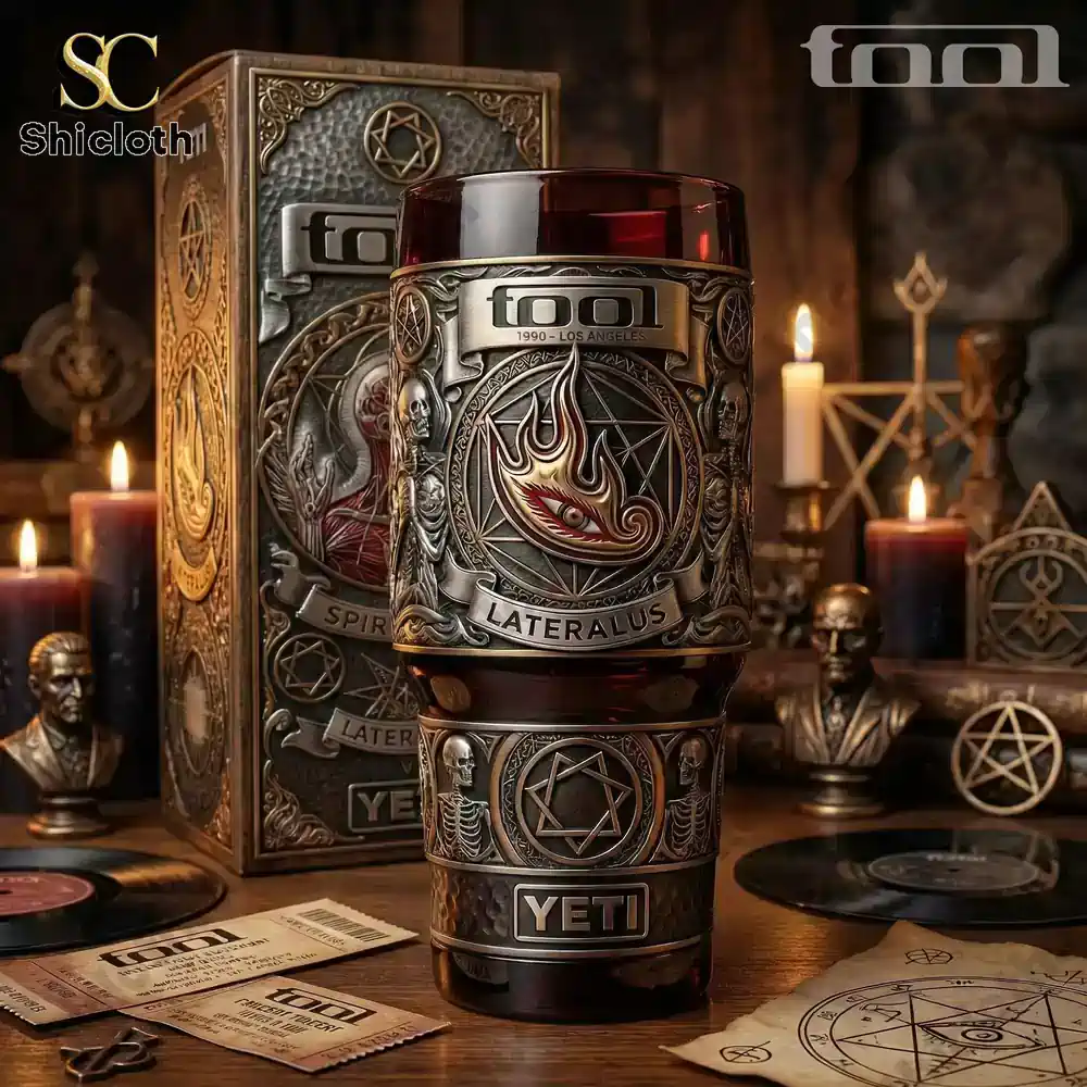 Tool Lateralus Special Edition Yeti tumbler with mystical symbols on wooden table!