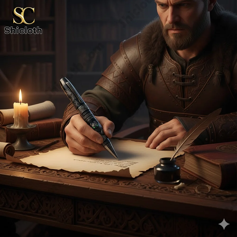 Medieval writer using Toothless anniversary pen!