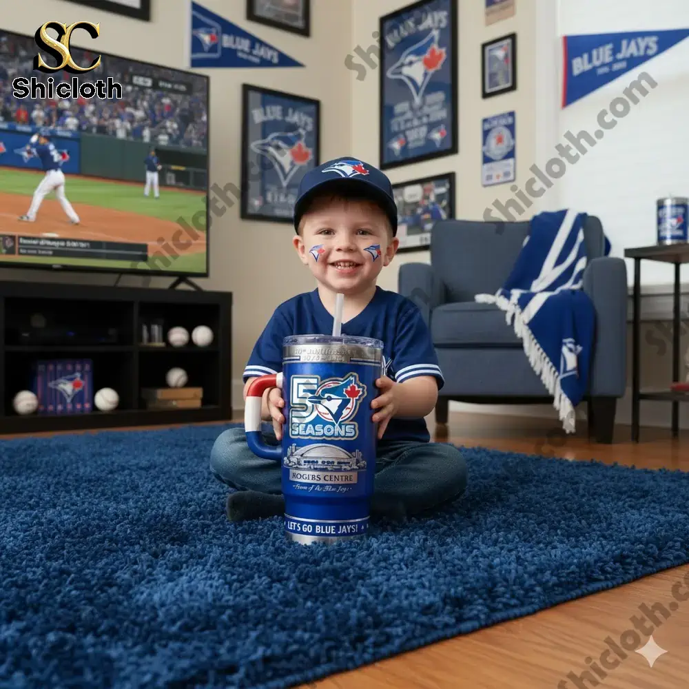 Smiling toddler holding Toronto Blue Jays 50 Seasons tumbler at home!