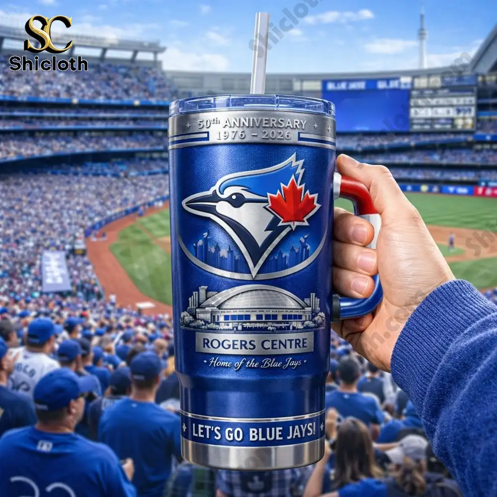 Toronto Blue Jays anniversary tumbler held in hand at baseball stadium from Shicloth!