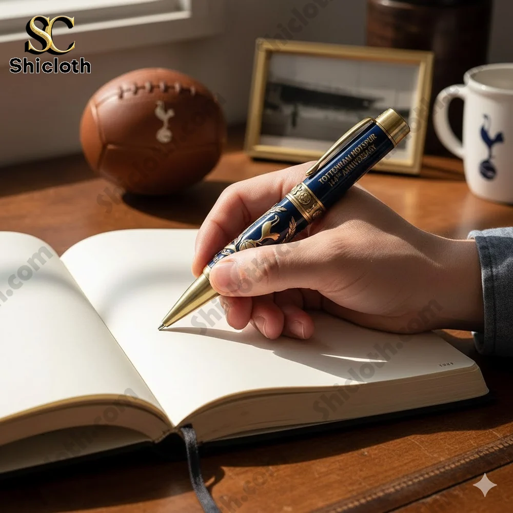 Hand writing with Tottenham Hotspur anniversary pen on notebook!