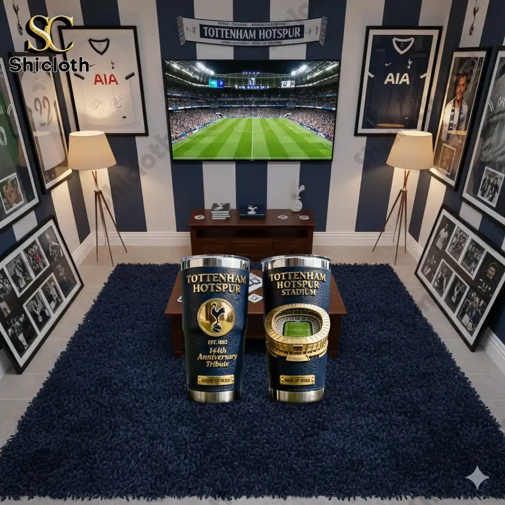 Tottenham Hotspur stadium themed tumbler cups displayed in a fan room!