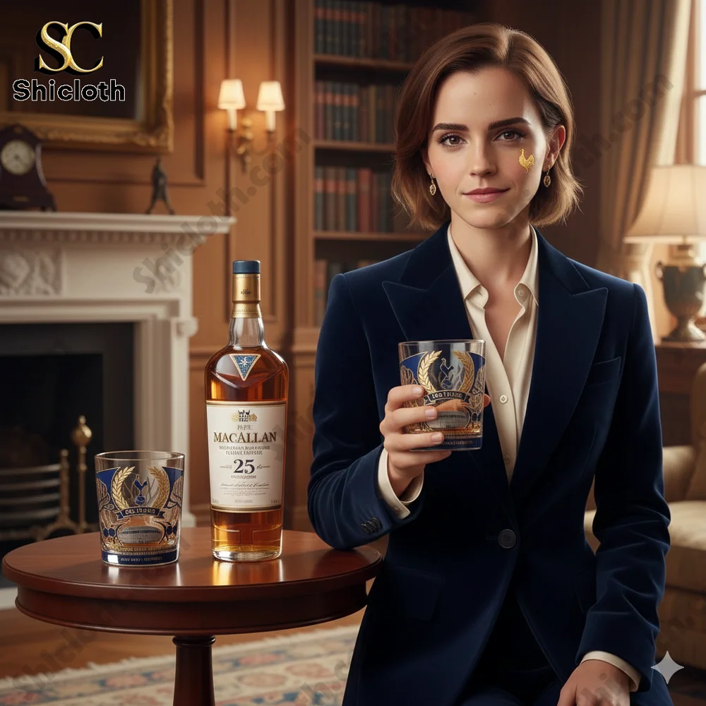 Elegant woman holding a whisky glass beside a premium bottle in a classic library room!