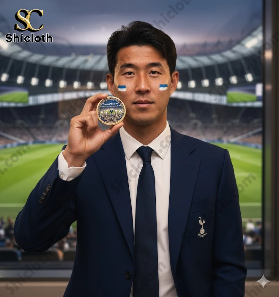 Man in suit holding a Tottenham themed coin inside a football stadium!