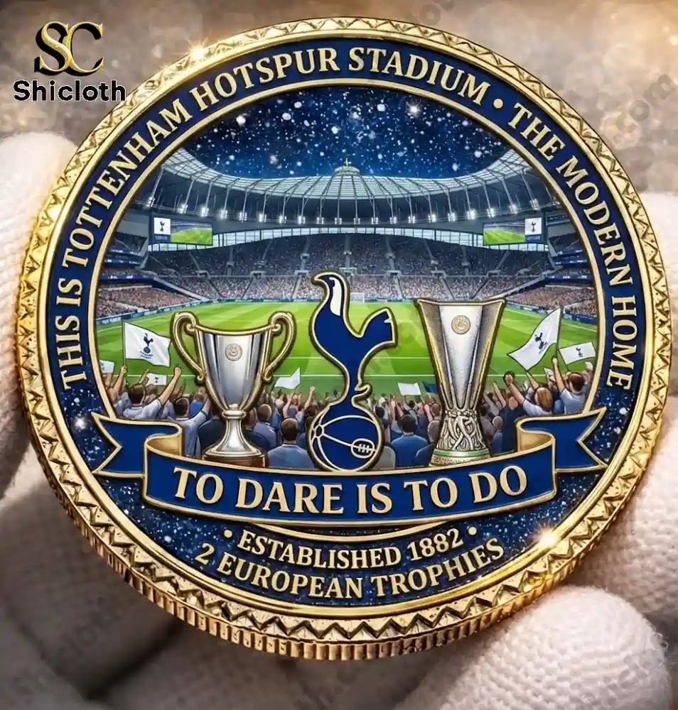 Tottenham commemorative coin showing stadium crowd and trophies!