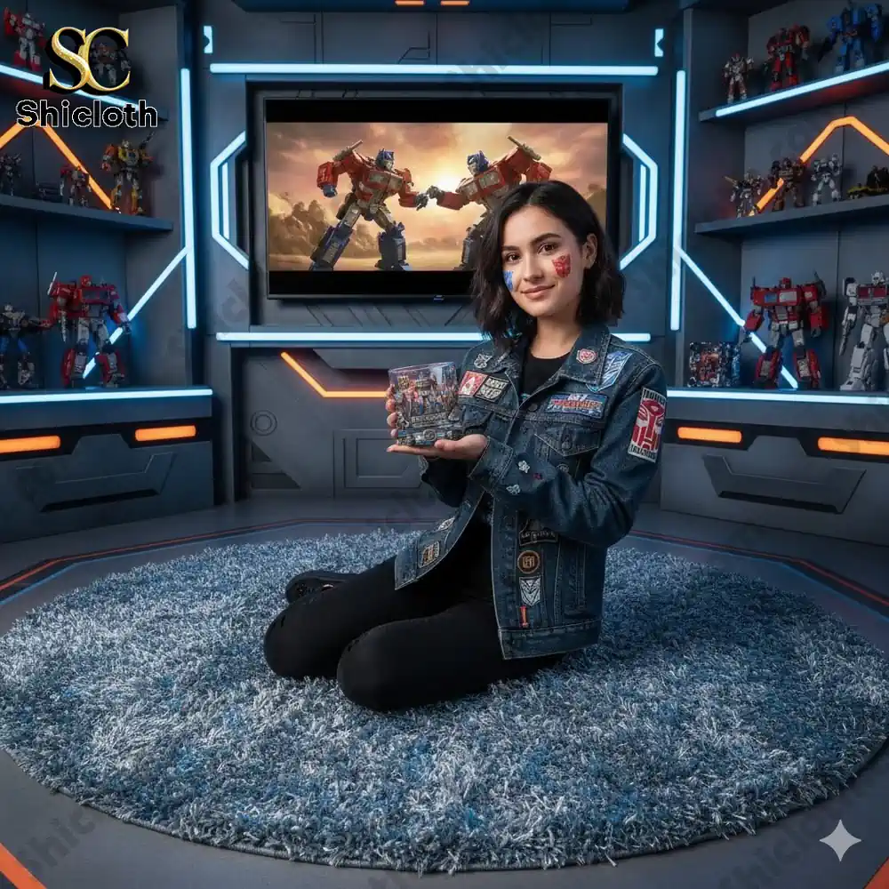 Woman holding a Transformers commemorative glass in a sci fi display room!