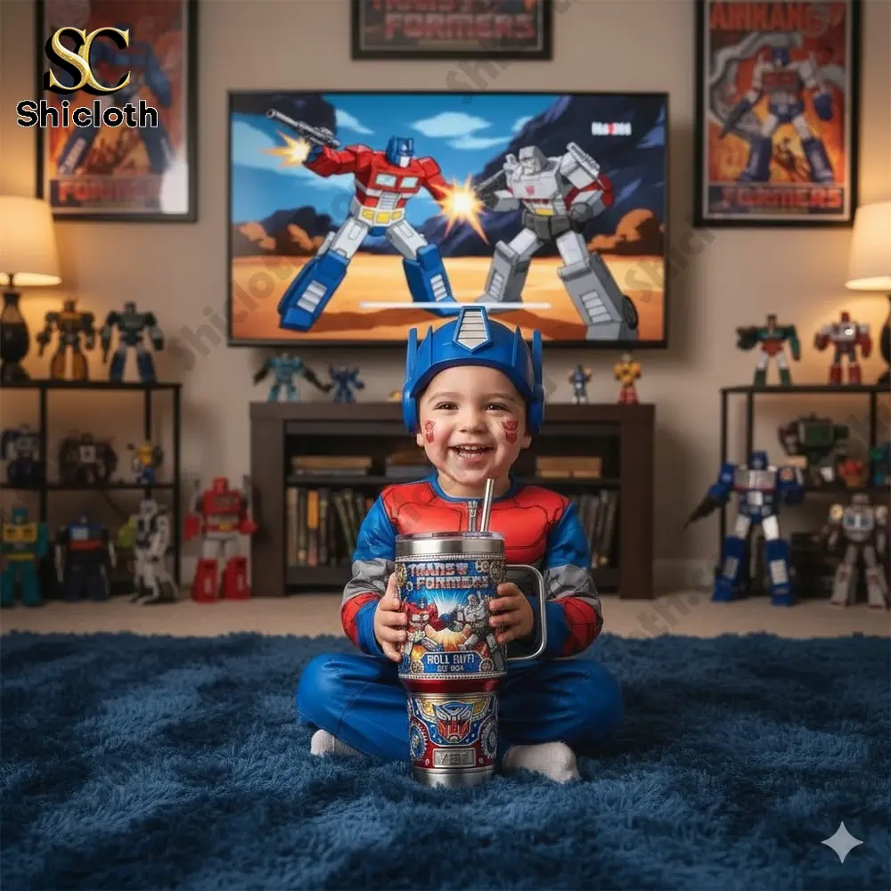 Smiling child in robot costume holding a Transformers Yeti cup in a toy filled room!