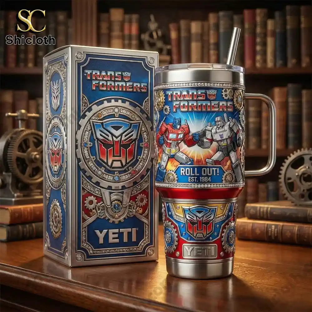Transformers Yeti cup displayed with collector box on wooden table!