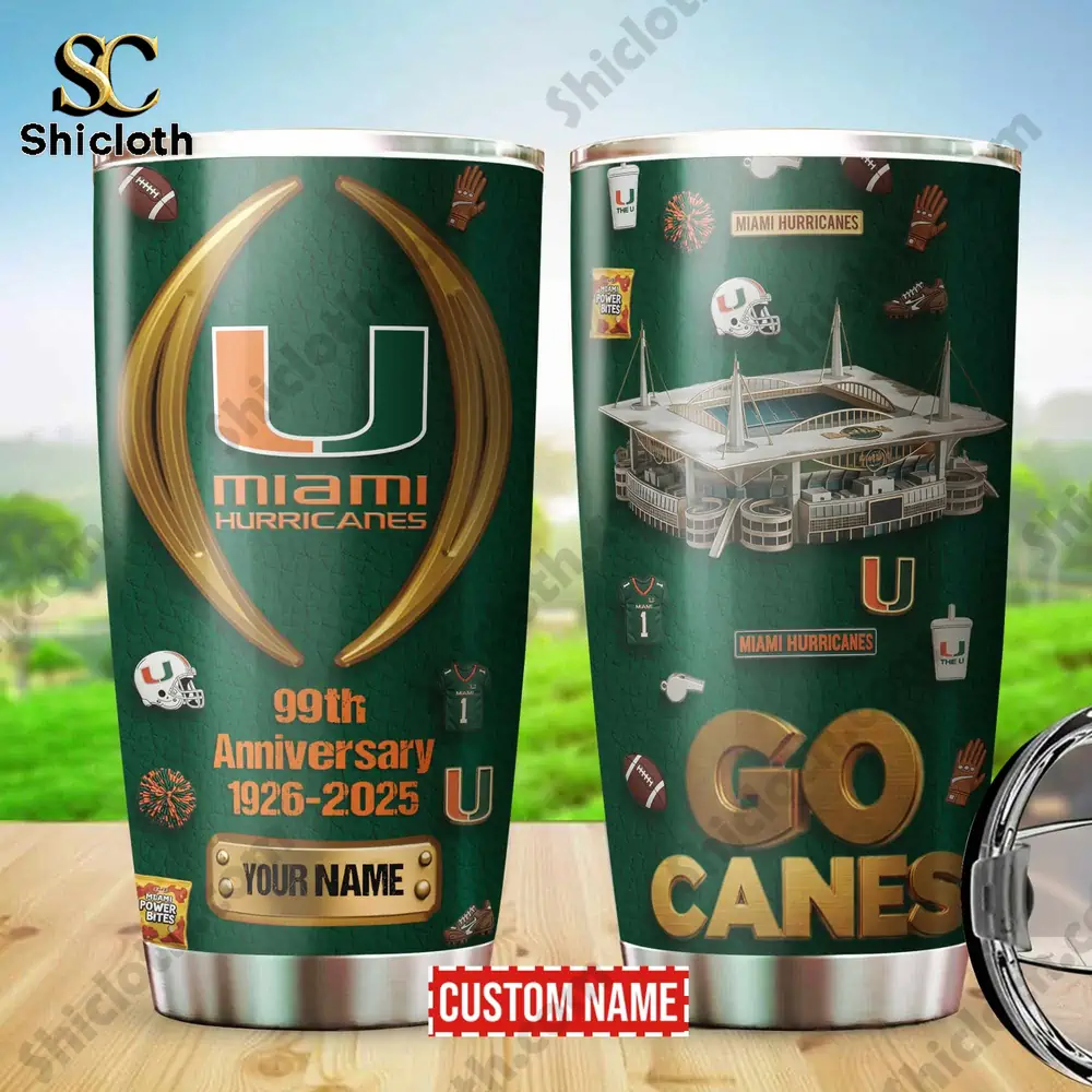 Miami Hurricanes anniversary tumbler with custom name and green gold design!