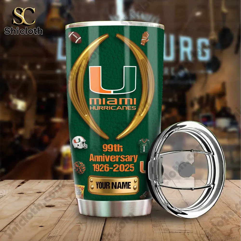 U Miami Hurricanes Custom Name Tumbler Cup 3 Miami Hurricanes custom name tumbler with clear lid on wooden table!