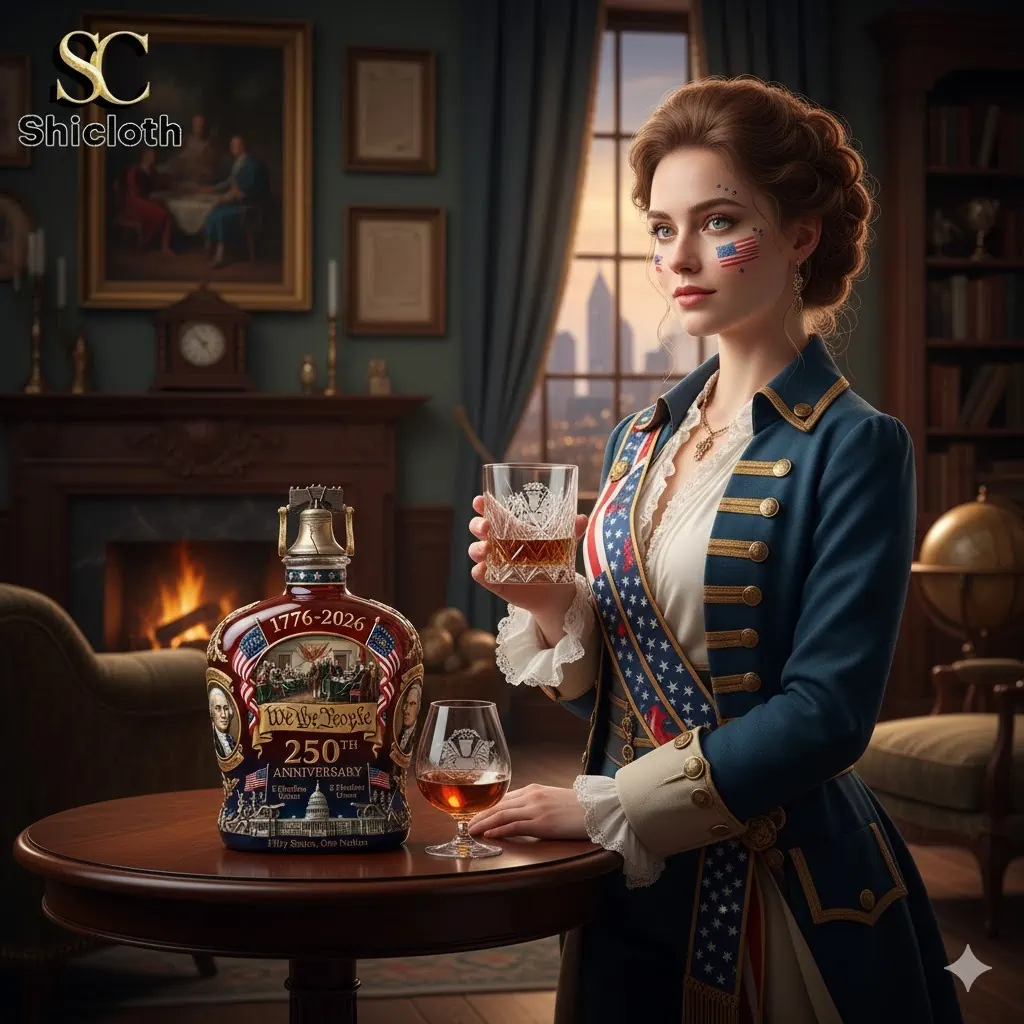 Seattle Seahawks NFL Whisky Bottle And Glass Combo Set 30 A woman in a vintage blue military coat holding a glass of whiskey with the We The People 250th Anniversary bottle on a table in a luxurious setting.