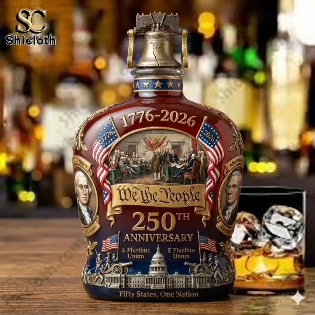 Close-up of the We The People 250th Anniversary whiskey bottle with a glass of whiskey in front, placed on a wooden surface in a bar-like setting.