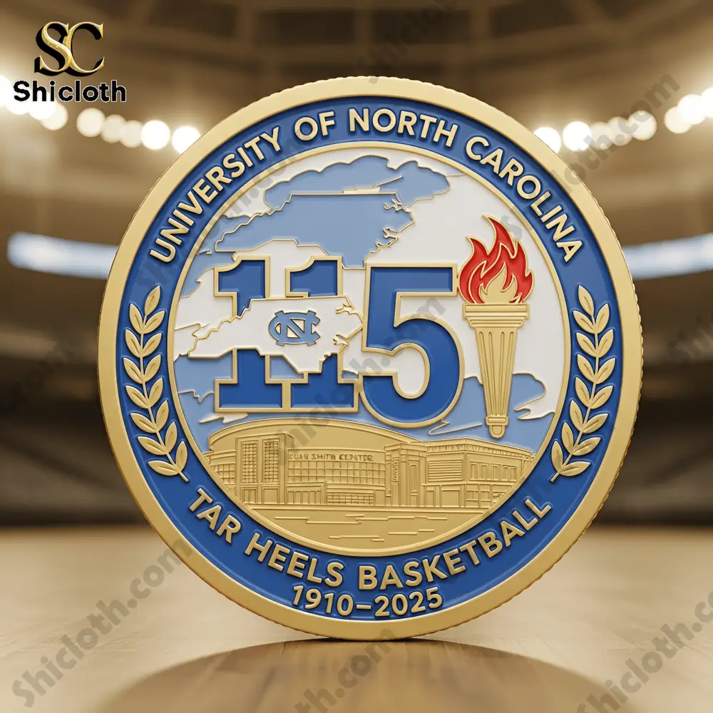 Close up of the front side of a University of North Carolina Tar Heels basketball commemorative coin on a court!