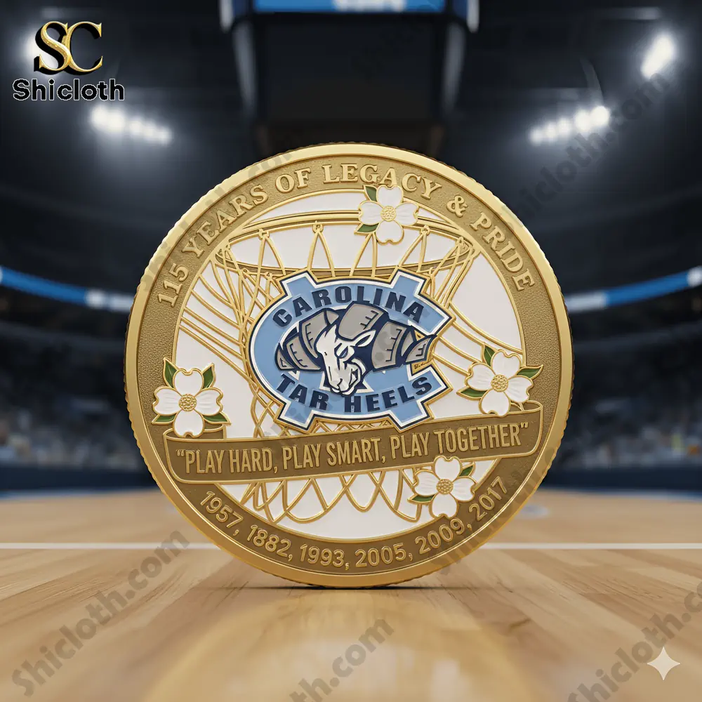 UNC Tar Heels 115th Anniversary Commemorative Coin 3 Back side of a University of North Carolina Tar Heels basketball commemorative coin standing on a court!